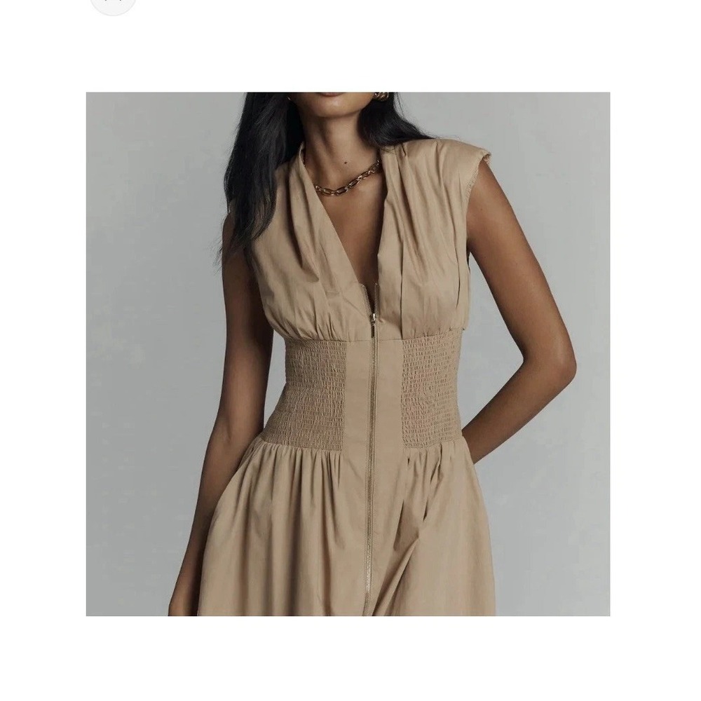 Anthropologie The Tommie Cap-Sleeve Smocked Front-Zip Shirt Dress SZ S Tan